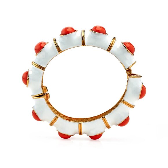 Kenneth Jay Lane, Enamel and Cabochon Hinged Bracelets, Turquoise/Coral - Picture 7 of 7